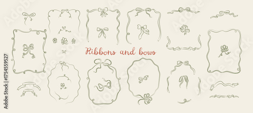 Green knotted bows and ribbon hand drawn sketch frames, empty blank borders set in grunge style
