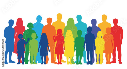 A diverse group of people of various ages and sizes, depicted as colorful silhouettes against a white background.