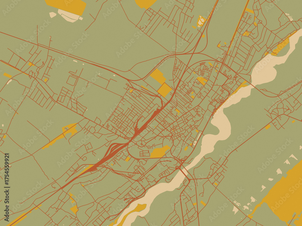 Naklejka premium Modern flat map poster of Stryi, Ukraine in sage/olive tone field with rust networks and ochre shapes, cream water.
