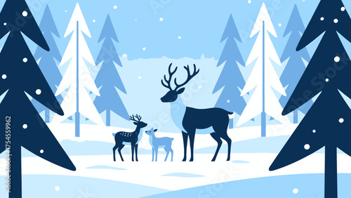 Winter Wonderland Deer Family in Snowy Forest Illustration
