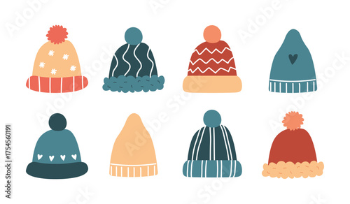 Set of cartoon winter hats. Vector collection of hats