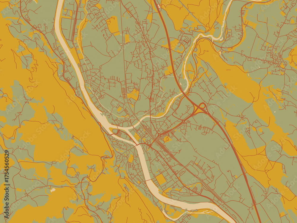Fototapeta premium Vector-style flat map of Hallein, Austria with sage green ground with rust-red roads and ochre accents.