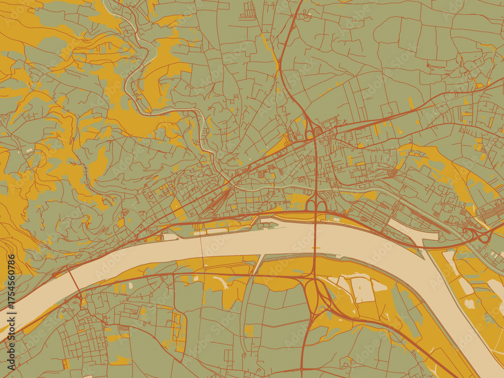 Obraz premium Poster-ready flat map of Krems an der Donau, Austria, sage/olive tone field with rust networks and ochre shapes, cream water.
