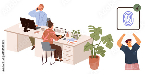 Office workers at desks, one using a laptop, another on the phone secure fingerprint icon with approval tick celebratory pose. Ideal for teamwork, security, technology, productivity, collaboration