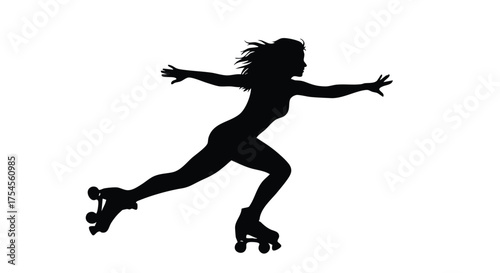 Silhouette of a woman roller skating with arms outstretched, captured in motion against a white background.
