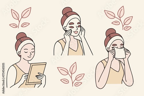 A flat-style illustration depicting three stages of a woman's facial skincare routine, surrounded by decorative leaf sprigs.