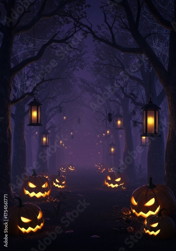 Dark, creepy forest path illuminated by grinning jack-o'-lanterns, hanging lanterns, and spooky spiders