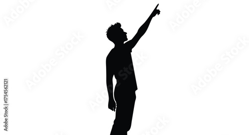 Silhouette of a young man pointing upwards with his right arm raised against a white background, symbolizing direction or aspiration.