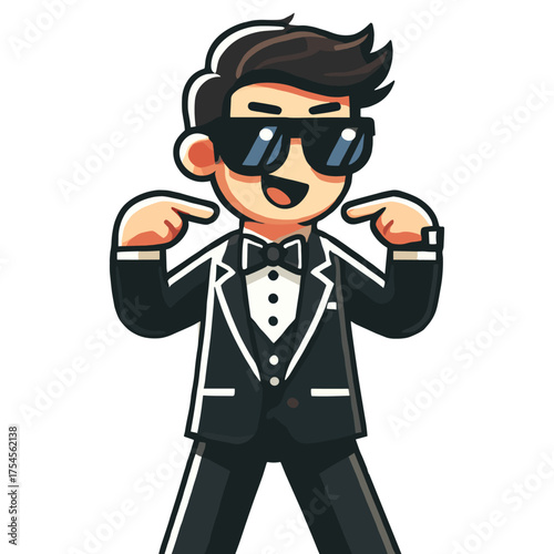 Flat Illustration of Man in Black Suit and Sunglasses Pointing Fingers with Cheerful Expression