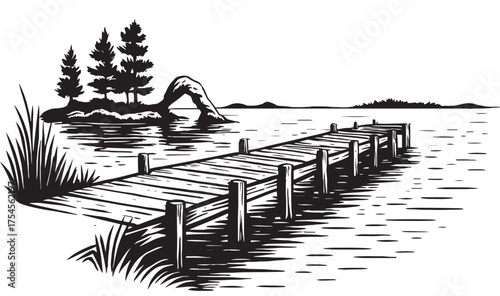 Black and white hand drawn illustration of a wooden pier on a calm lake with an island in the distance showing peaceful nature and rustic scenery perfect for travel art outdoor adventure posters and l