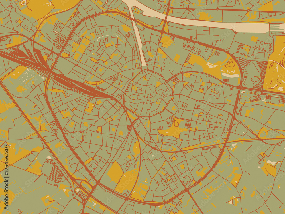 Obraz premium Abstract flat-design map of Hasselt, Belgium, featuring sage/olive tone field with rust networks and ochre shapes, cream water.