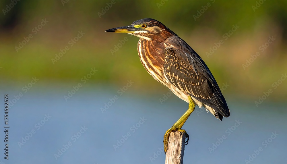 Fototapeta premium A small green heron perched on a wooden post over water