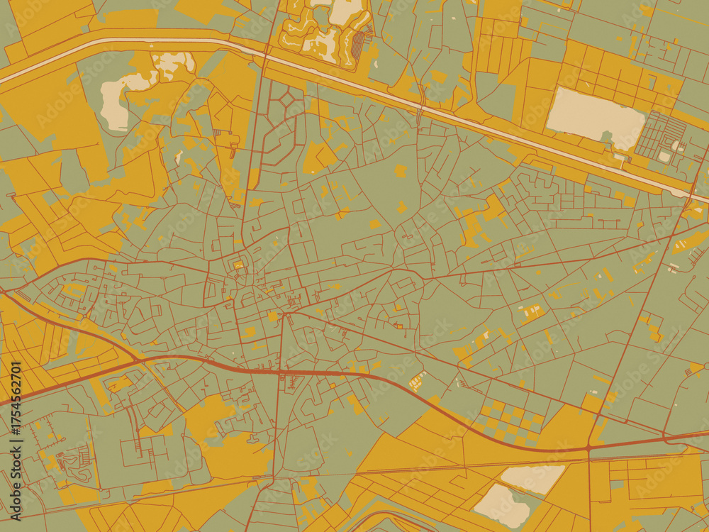 Fototapeta premium Minimalist flat city map of Lommel, Belgium with sage/olive tone field with rust networks and ochre shapes, cream water.