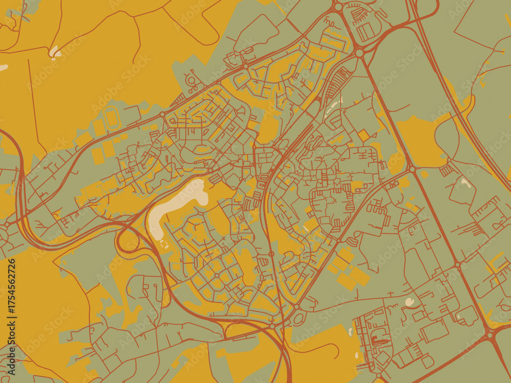 Fototapeta premium Vector-style flat map of Louvain-La-Neuve, Belgium with olive backdrop with warm rust street network and ochre blocks.