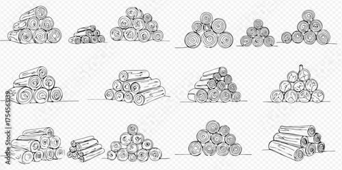 Hand-drawn sketch set of various stacked wooden logs and firewood piles, illustrating timber and lumber resources.
