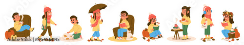 Cute children autumn cartoon characters enjoying seasonal activities and joyful pastimes set