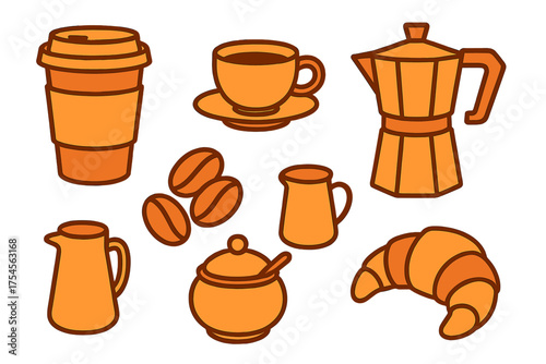 Essential breakfast and coffee items set including croissant, moka pot, disposable cup, and beans