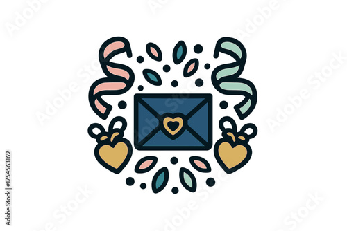 Decorative envelope with heart seal surrounded by ribbons and confetti for romance and celebration