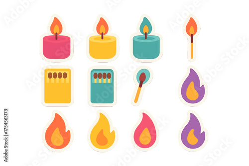 Set of colorful burning candles, matchboxes, matches, and abstract fire flames isolated on white