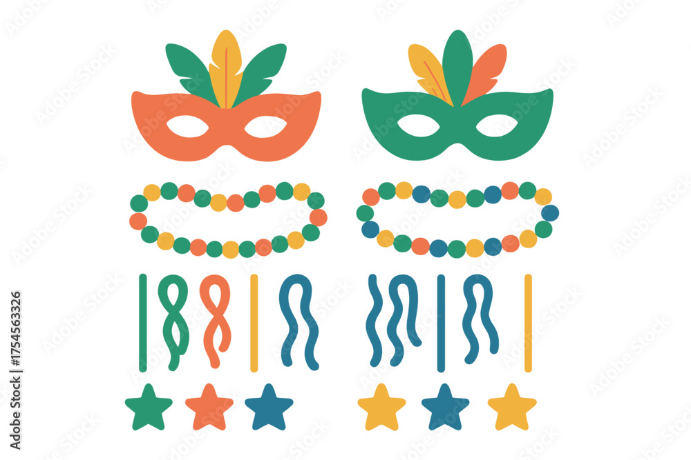 Fototapeta premium Traditional Mardi Gras carnival masks, colorful beads, streamers, and decorative stars