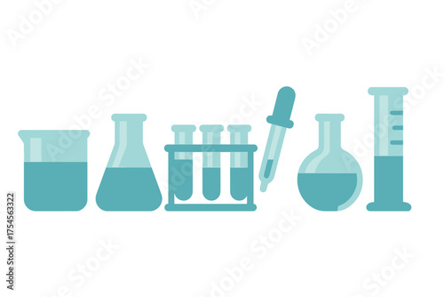 Scientific laboratory glassware set featuring beakers flasks test tubes and a dropper
