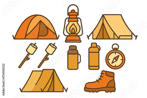 Essential outdoor camping gear including tents, lantern, compass, hiking boot, and thermos bottle
