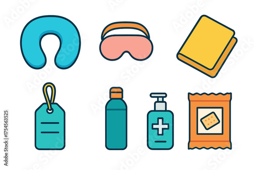 Essential accessories set for travel comfort and personal hygiene including neck pillow and sanitizer