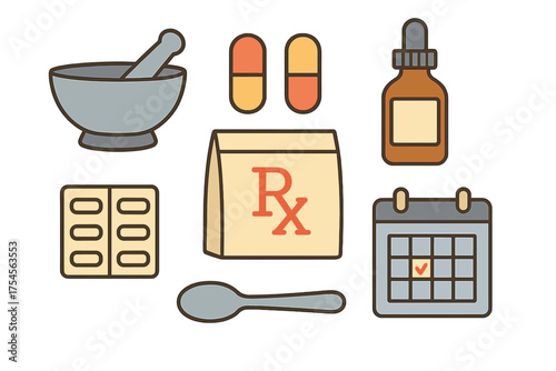 Essential set of pharmacy and medical icons including mortar and pestle, pills, prescription bag, and appointment calendar