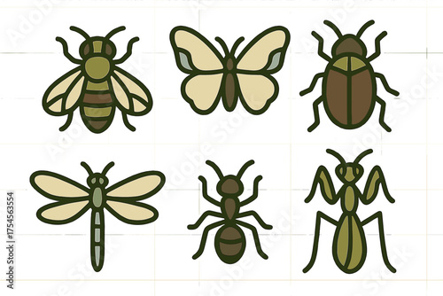 Six stylized insect icons: butterfly, bee, ant, praying mantis, beetle, and dragonfly