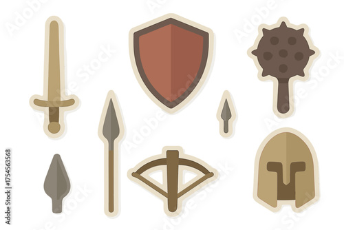 Ancient and medieval war equipment set featuring sword, shield, mace, spear, crossbow, and helmet
