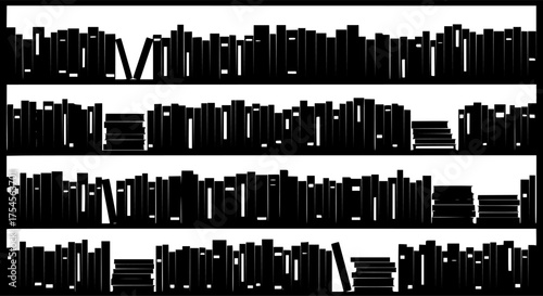 Book shelf silhouette. This image shows a bookshelf filled with books in silhouette form, also known as a bookcase or literature storage unit. Vector clipart illustration design