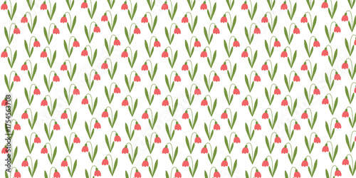 Elegant floral seamless pattern with pink bell flowers and green leaves on white background. Modern botanical design perfect for fabric, wallpaper, wrapping paper, and spring decor projects.