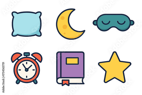 Set of essential elements for sleep and bedtime routine including pillow, moon, and alarm clock
