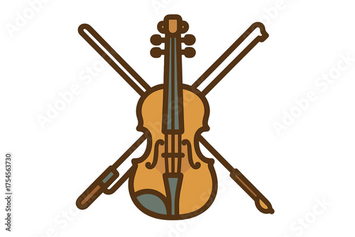 Classic wooden violin string instrument with two crossed bows centered on white