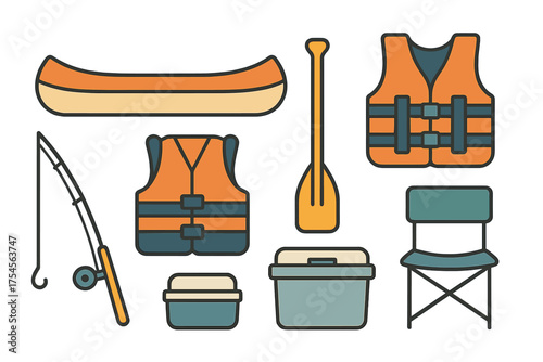 Essential equipment set for canoeing, fishing, and outdoor recreation activities