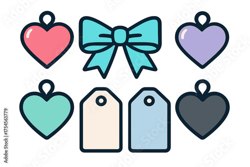 Colorful collection of heart charms, gift tags, and a decorative ribbon bow