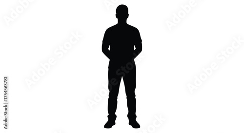 A full-body silhouette of a person standing against a white background, arms relaxed at their sides.
