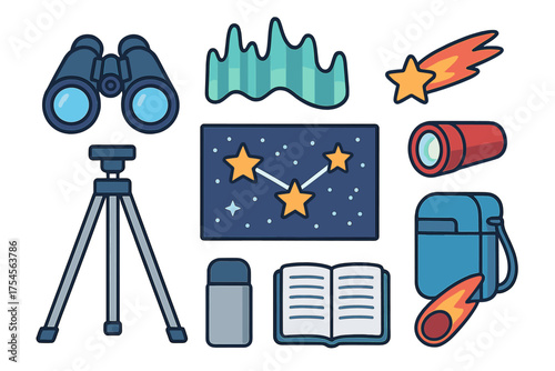 Astronomy and stargazing equipment icons including binoculars, tripod, constellation map, and aurora