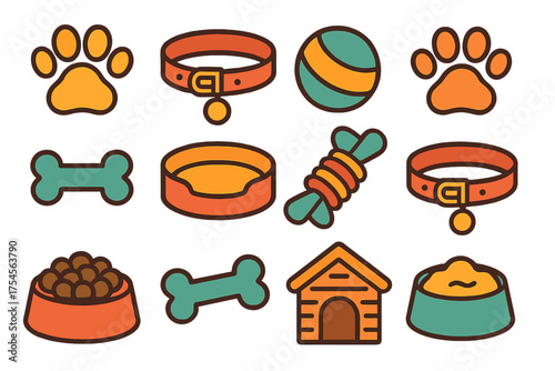 Colorful dog accessories and pet care supplies including paws, collars, toys, food bowls, and bones