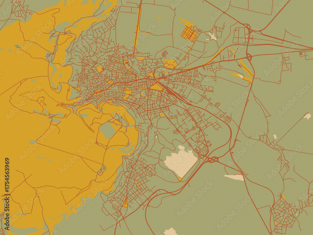 Naklejka premium Decorative flat city map of BUL, Shumen using olive backdrop with warm rust street network and ochre blocks.