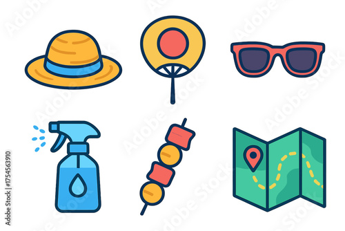 Group of colorful summer travel and outdoor activity icons like a wide brim hat, paper fan, and location map