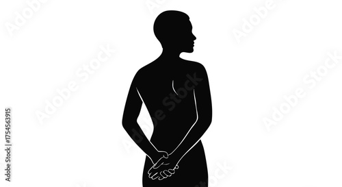Silhouette of a person with short hair, standing with hands clasped behind their back and looking to the side.