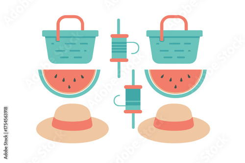 Summer picnic collection with baskets, watermelon slices, and wide-brimmed sun hats