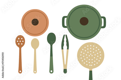 Minimalist set of kitchen utensils and cookware including pot lid spoons tongs and skimmer in earthy tones