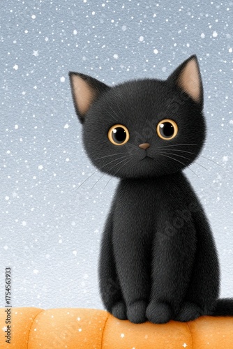 Adorable black kitten with big eyes sitting on pumpkin in falling snow, winter pet illustration