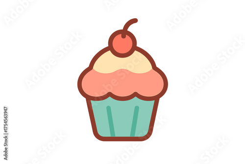 Cute stylized cupcake with frosting and cherry on top isolated on white background