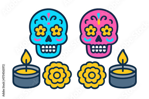 Colorful sugar skulls marigold flowers burning candles Day of the Dead celebration