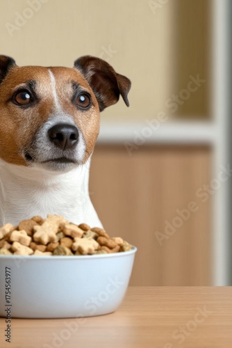 Cute dog waiting for bowl of kibble, domestic pet portrait with soft light, cozy home atmosphere