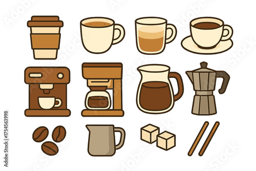 Set of coffee shop elements including cups, mugs, beans, and brewing equipment