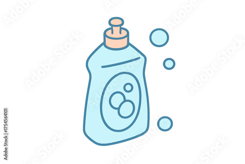 Household cleaning product bottle containing liquid detergent and floating soap bubbles